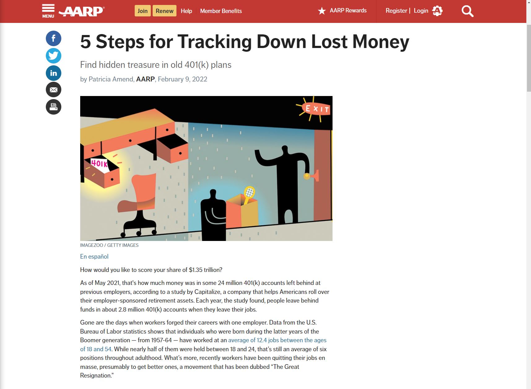 Screenshot image of AARP article where Tess Zigo was mentioned